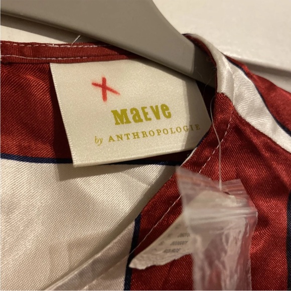 Anthropologie Maeve Maria Balloon Sleeve Striped Satin Blouse Red White 0 New - Picture 2 of 5